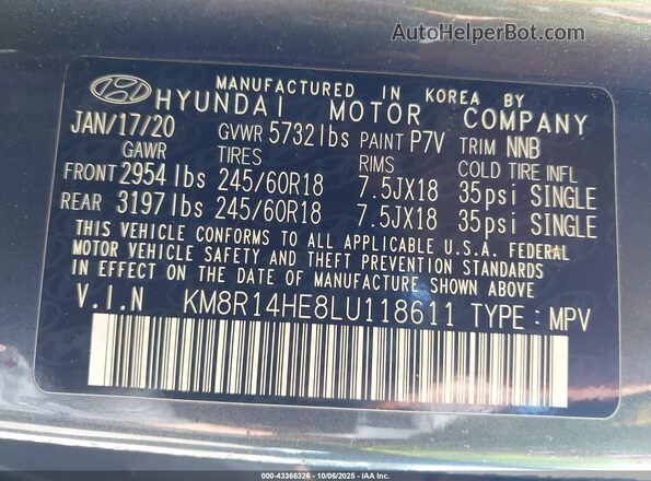 KM8R14HE8LU118611 2020 HYUNDAI PALISADE Gray Շարժիչի բաժամունքի տեսք