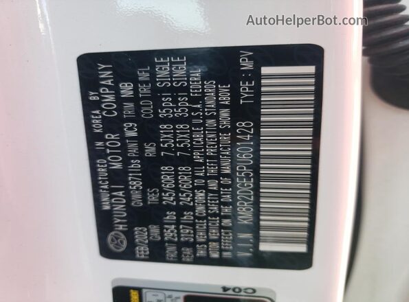 KM8R2DGE5PU601428 2023 HYUNDAI PALISADE White Widok naklejki z numerem VIN