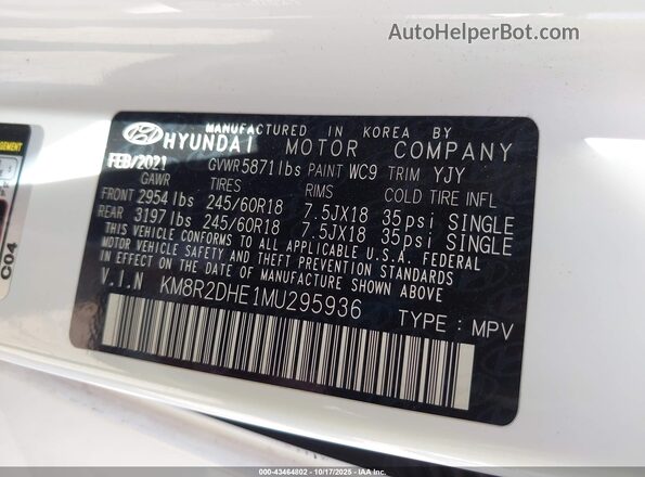 KM8R2DHE1MU295936 2021 HYUNDAI PALISADE White Widok komory silnika