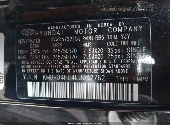 KM8R34HE4LU092762 2020 HYUNDAI PALISADE Black Vista del compartimento del motor