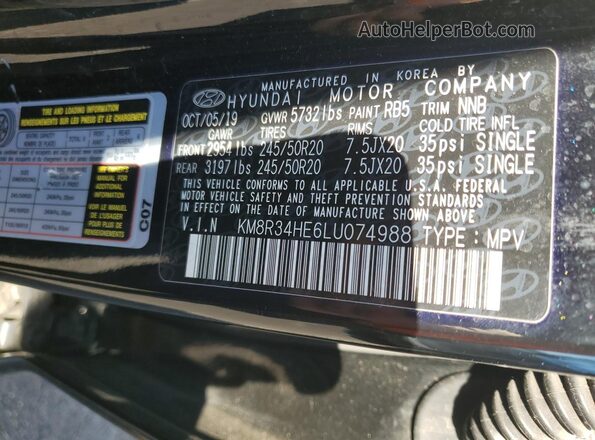 KM8R34HE6LU074988 2020 HYUNDAI PALISADE Черный Вид наклейки с VIN-кодом