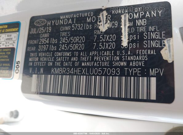 KM8R34HEXLU057093 2020 HYUNDAI PALISADE White Widok komory silnika