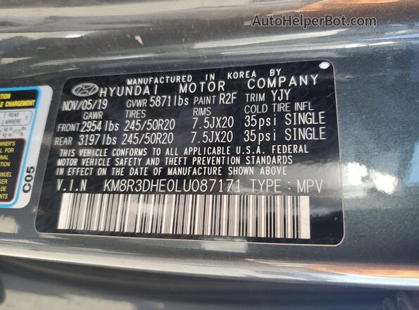 KM8R3DHE0LU087171 2020 HYUNDAI PALISADE Charcoal Շարժիչի բաժամունքի տեսք