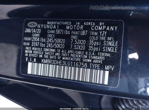 KM8R3DHE3LU116758 2020 HYUNDAI PALISADE Синий Вид подкапотного пространства