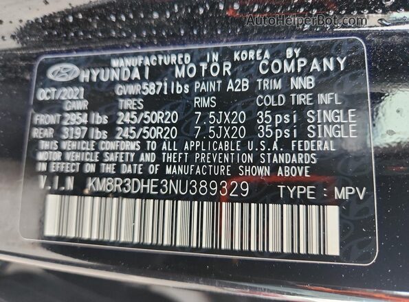 KM8R3DHE3NU389329 2022 HYUNDAI PALISADE Черный Панорамный вид салона 360°