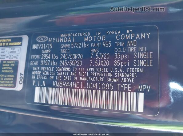KM8R44HE1LU041085 2020 HYUNDAI PALISADE Black Widok komory silnika