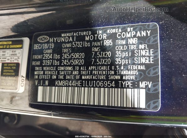 KM8R44HE1LU106954 2020 HYUNDAI PALISADE Black Widok komory silnika