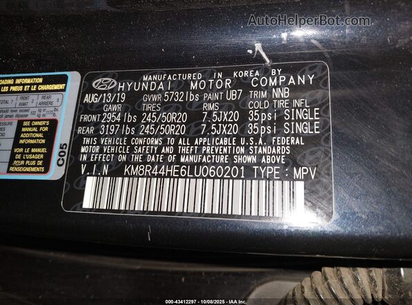 KM8R44HE6LU060201 2020 HYUNDAI PALISADE Черный Вид подкапотного пространства