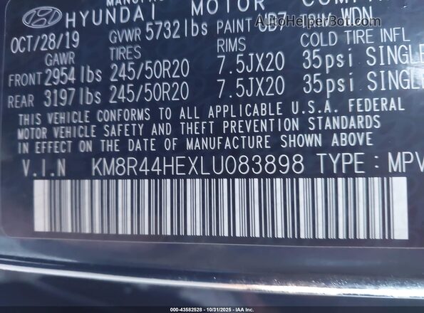 KM8R44HEXLU083898 2020 HYUNDAI PALISADE Dark Blue Widok komory silnika