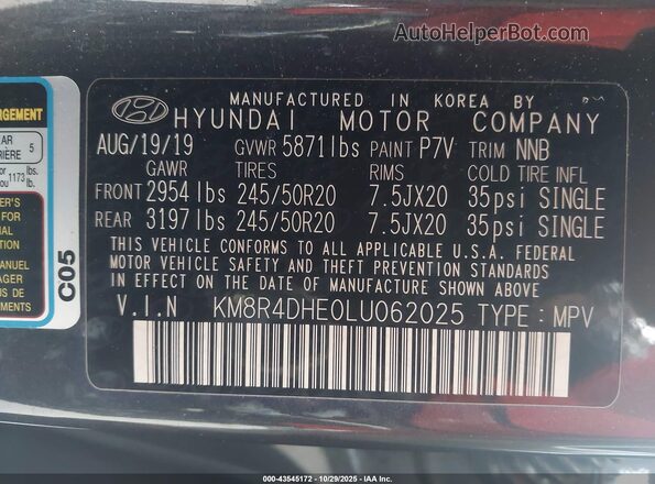 KM8R4DHE0LU062025 2020 HYUNDAI PALISADE Gray Vista del compartimento del motor