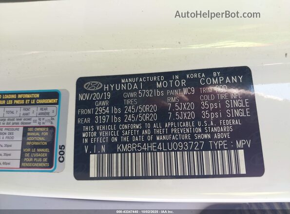 KM8R54HE4LU093727 2020 HYUNDAI PALISADE White Vista del compartimento del motor