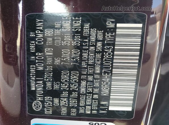 KM8R54HE7LU078543 2020 HYUNDAI PALISADE Burgundy Widok komory silnika