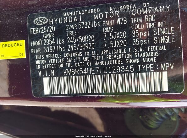 KM8R54HE7LU129345 2020 HYUNDAI PALISADE Maroon Widok komory silnika