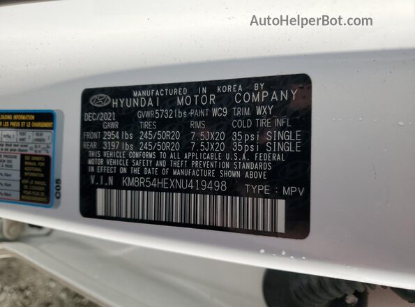 KM8R54HEXNU419498 2022 HYUNDAI PALISADE Белый Вид наклейки с VIN-кодом