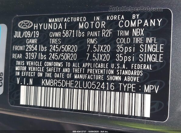 KM8R5DHE2LU052416 2020 HYUNDAI PALISADE Синий Вид подкапотного пространства