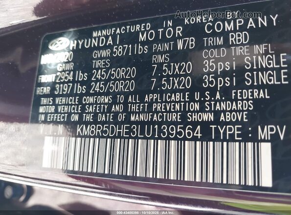 KM8R5DHE3LU139564 2020 HYUNDAI PALISADE Бордовый Вид подкапотного пространства