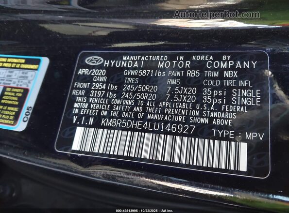 KM8R5DHE4LU146927 2020 HYUNDAI PALISADE Black Widok komory silnika