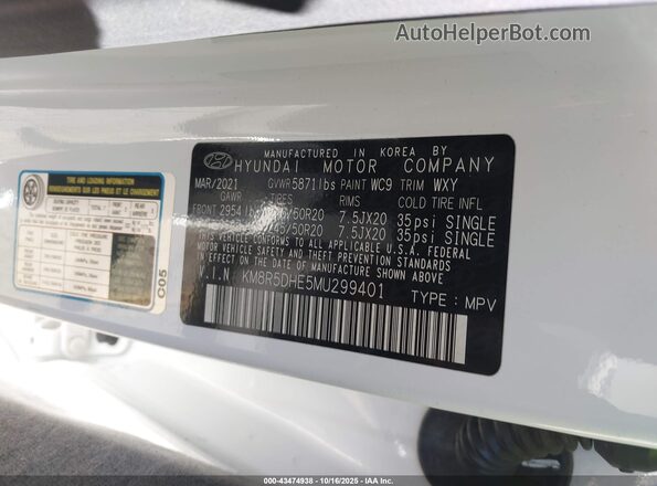 KM8R5DHE5MU299401 2021 HYUNDAI PALISADE White Widok komory silnika