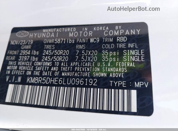 KM8R5DHE6LU096192 2020 HYUNDAI PALISADE White Vista del compartimento del motor