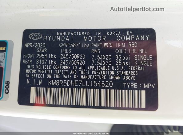 KM8R5DHE7LU154620 2020 HYUNDAI PALISADE White Widok komory silnika