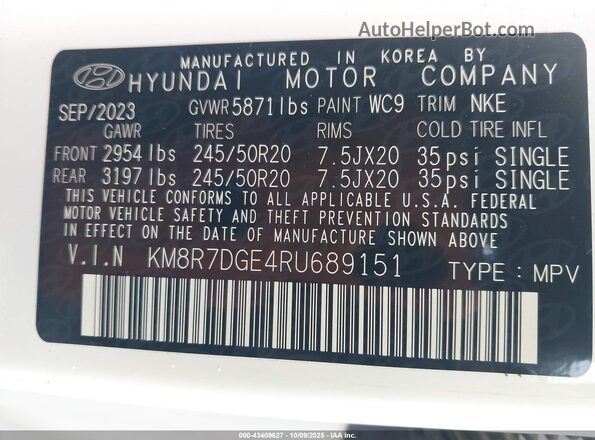 KM8R7DGE4RU689151 2024 HYUNDAI PALISADE White Vista del compartimento del motor