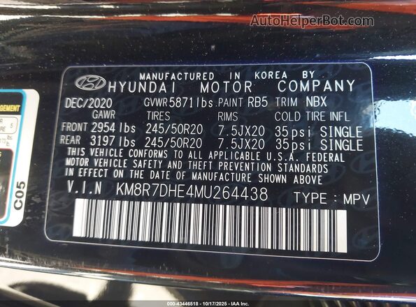 KM8R7DHE4MU264438 2021 HYUNDAI PALISADE Black Widok komory silnika