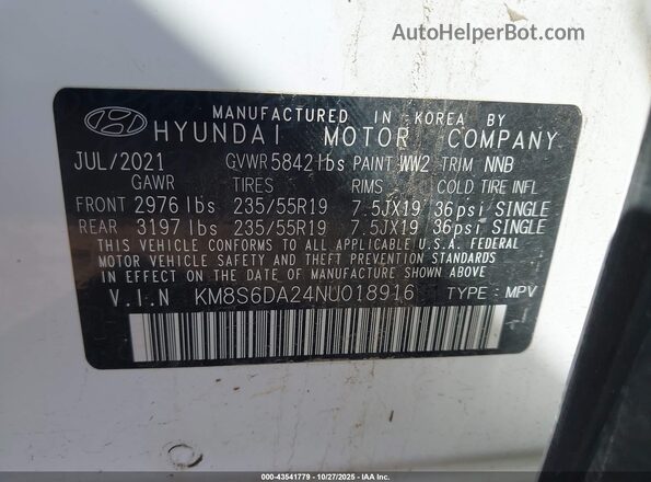 KM8S6DA24NU018916 2022 HYUNDAI SANTA FE PLUG-IN HYBRID Белый 