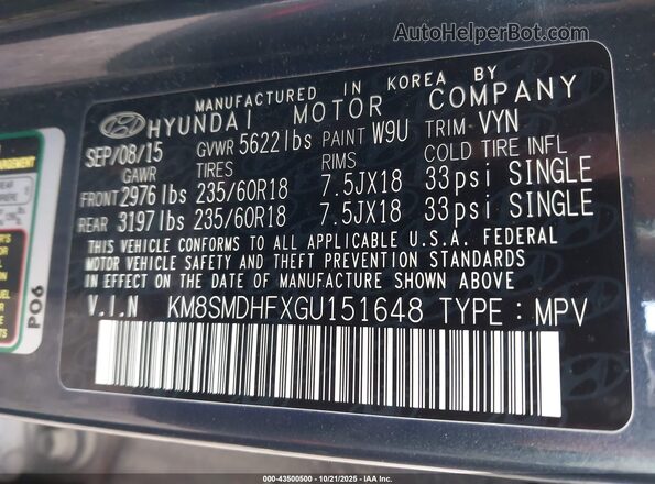 KM8SMDHFXGU151648 2016 HYUNDAI SANTA FE Blue Vista del compartimento del motor