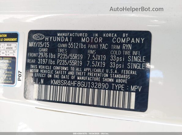 KM8SR4HF8GU132890 2016 HYUNDAI SANTA FE White 
