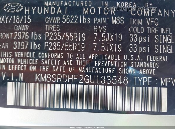 KM8SRDHF2GU133548 2016 HYUNDAI SANTA FE Silver Widok komory silnika