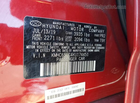 KMHC65LC4KU174451 2019 HYUNDAI IONIQ Red 