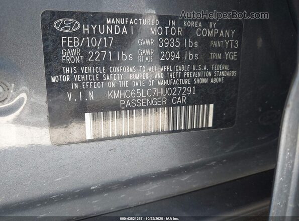 KMHC65LC7HU027291 2017 HYUNDAI IONIQ HYBRID Gray ძრავის განყოფილების ხედი