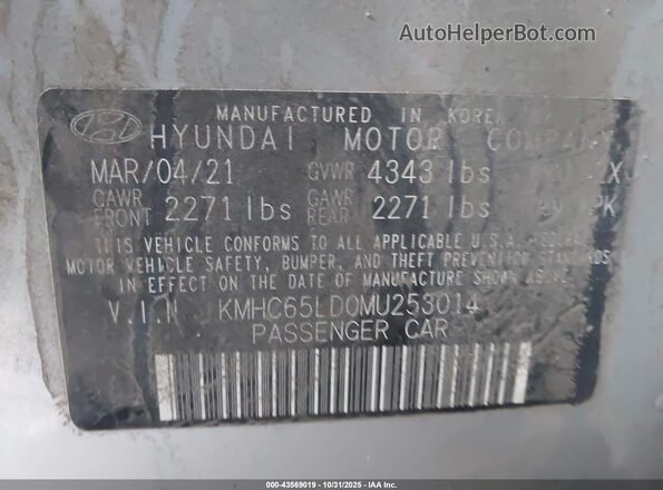KMHC65LD0MU253014 2021 HYUNDAI IONIQ PLUG-IN HYBRID Silver 
