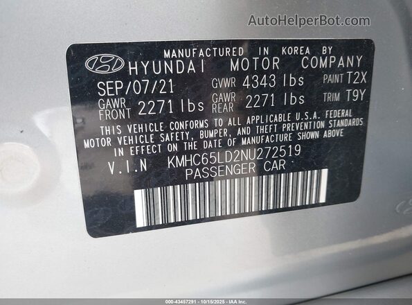 KMHC65LD2NU272519 2022 HYUNDAI IONIQ PLUG-IN HYBRID Silver Вид підкапотного простору