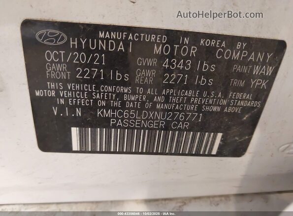 KMHC65LDXNU276771 2022 HYUNDAI IONIQ PLUG-IN HYBRID White Вид підкапотного простору
