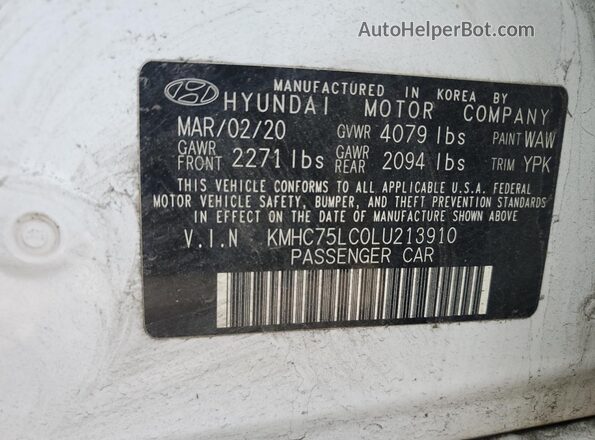 KMHC75LC0LU213910 2020 HYUNDAI IONIQ White Vista del compartimento del motor