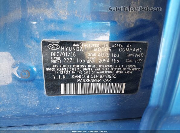 KMHC75LC1HU018955 2017 HYUNDAI IONIQ HYBRID Blue Շարժիչի բաժամունքի տեսք