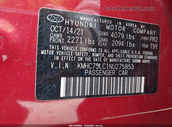 KMHC75LC1NU275853 2022 HYUNDAI IONIQ HYBRID Maroon Շարժիչի բաժամունքի տեսք
