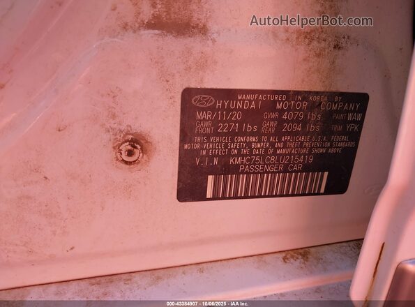 KMHC75LC8LU215419 2020 HYUNDAI IONIQ HYBRID White Շարժիչի բաժամունքի տեսք