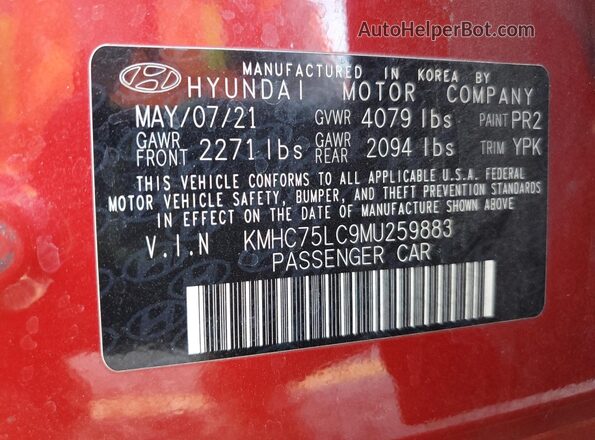 KMHC75LC9MU259883 2021 HYUNDAI IONIQ Red Շարժիչի բաժամունքի տեսք
