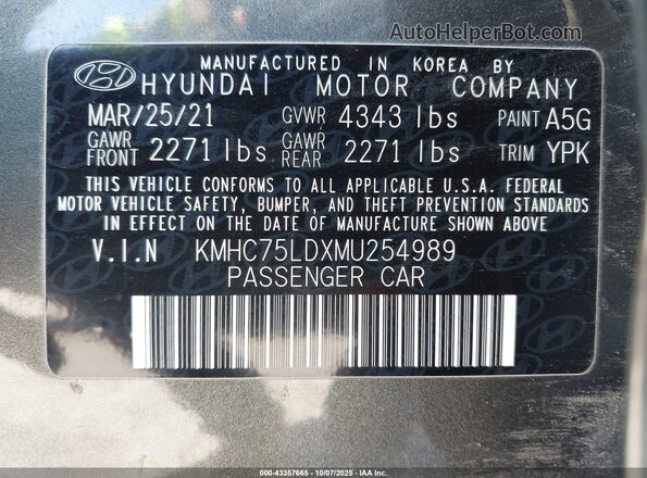 KMHC75LDXMU254989 2021 HYUNDAI IONIQ PLUG-IN HYBRID Gray 
