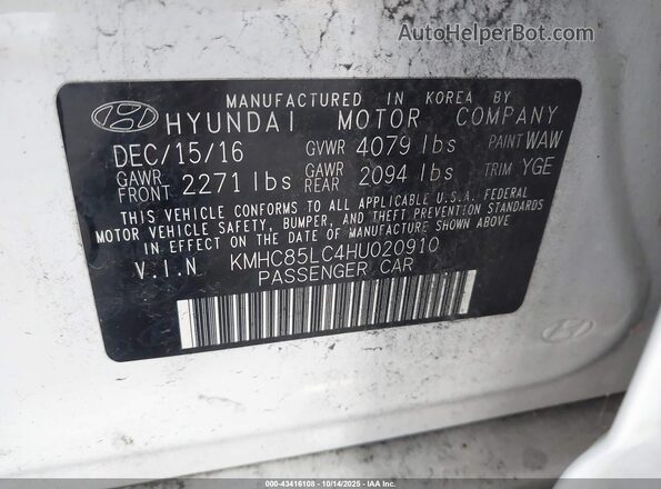 KMHC85LC4HU020910 2017 HYUNDAI IONIQ HYBRID White Vista del compartimento del motor