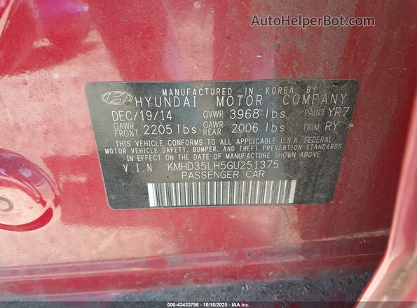 KMHD35LH5GU251375 2016 HYUNDAI ELANTRA GT Red Widok komory silnika