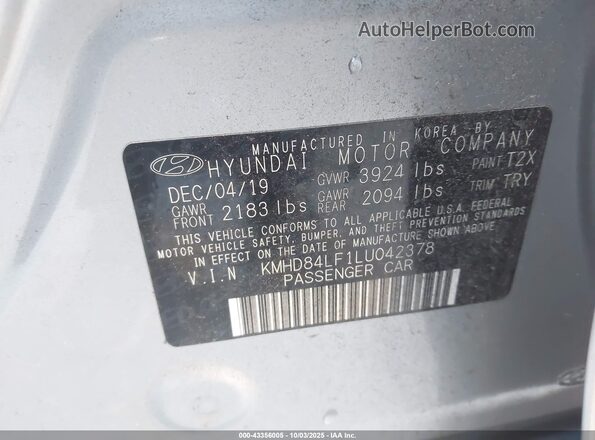 KMHD84LF1LU042378 2020 HYUNDAI ELANTRA Silver Vista del compartimento del motor