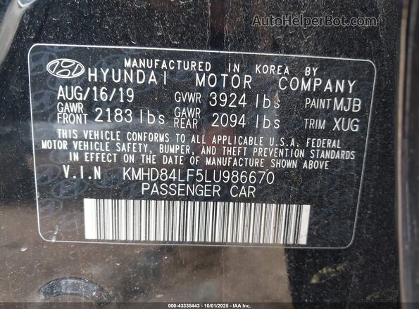 KMHD84LF5LU986670 2020 HYUNDAI ELANTRA Black Engine compartment view