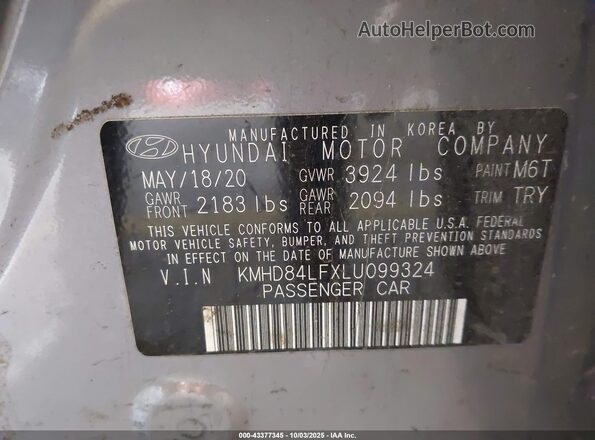 KMHD84LFXLU099324 2020 HYUNDAI ELANTRA Silver Vista del compartimento del motor