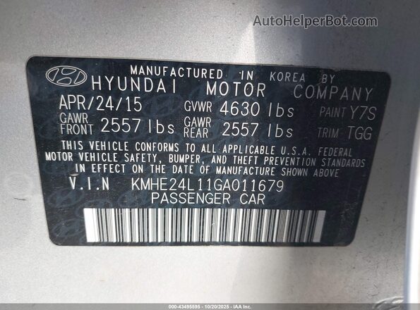 KMHE24L11GA011679 2016 HYUNDAI SONATA HYBRID Silver Widok komory silnika