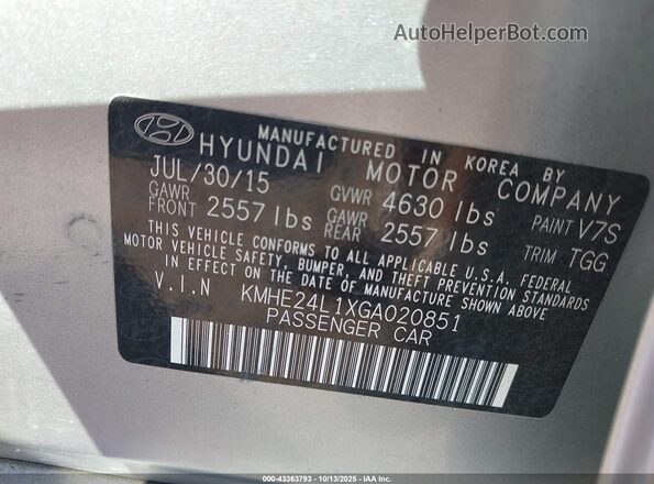 KMHE24L1XGA020851 2016 HYUNDAI SONATA HYBRID Silver 