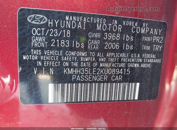 KMHH35LE2KU089415 2019 HYUNDAI ELANTRA GT Red Вид підкапотного простору