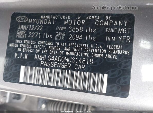 KMHLS4AG0NU314818 2022 HYUNDAI ELANTRA Gray Widok komory silnika